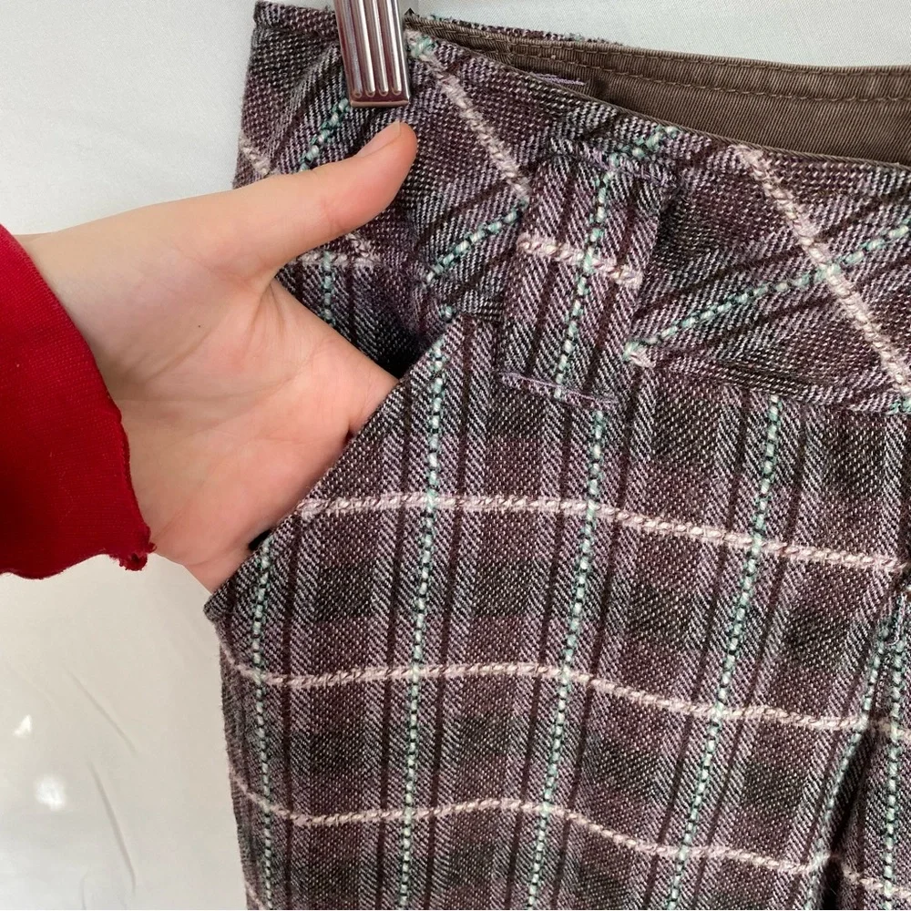 VTG Y2K Free People Plaid Tweed Wide Leg Trousers Size 2 Academia Silk Mid-Rise
